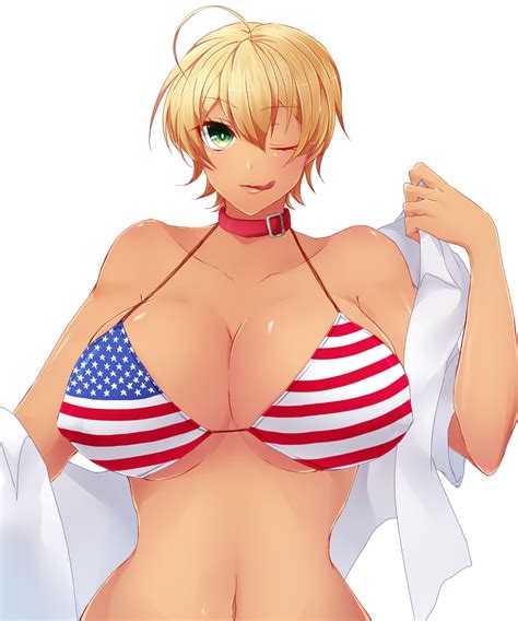 Safebooru 1girl Ahoge American Flag Bikini Bikini Blonde Hair Collar