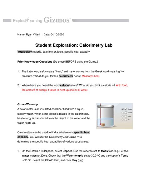 Calorimetry gizmo exploration sheet answer key | pdf book. Student Exploration: Calorimetry Lab Vocabulary: calorie ...