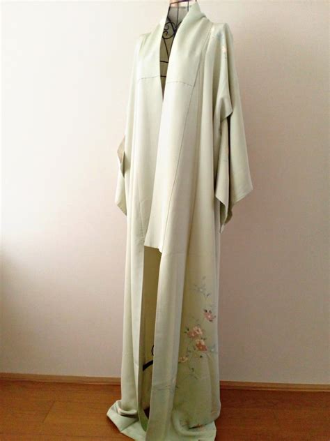 Vintage kimono Japanese kimono light green silk kimono momiji floral kimono long kimono robe for ...