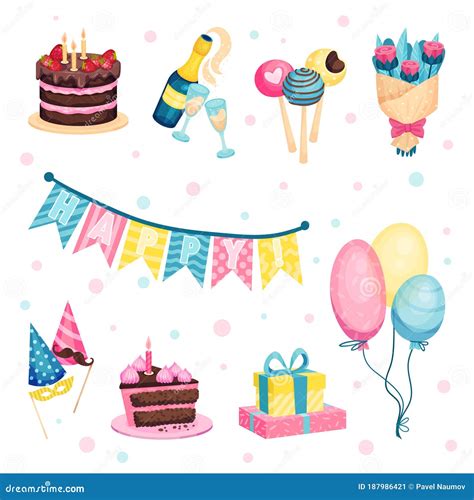 Birthday Party Attributes And Symbols With Cake And Flag Garland Vector