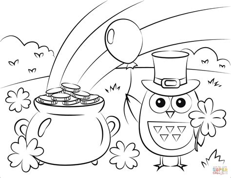 Pot Of Gold Rainbow And St Patrick S Day Owl Coloring Page Free