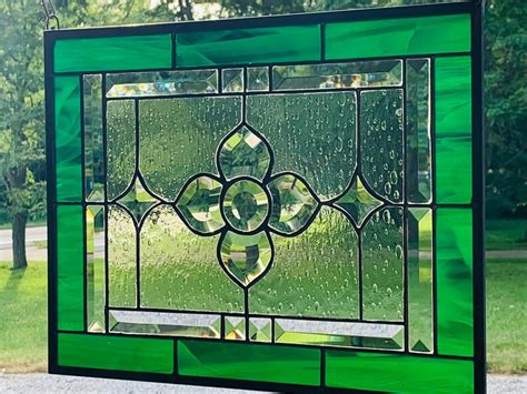 green floral stained glass panel with bevels 17 5w x etsy