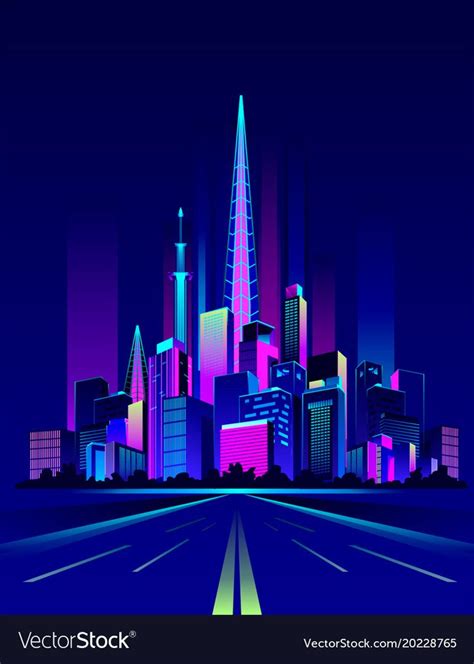 Night Neon City Vector Image On Vectorstock City Vector Night Illustration City Illustration