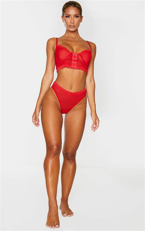 Red Mesh Lace Trim Thong Lingerie Prettylittlething