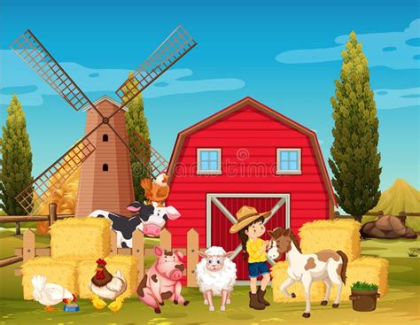 Farm Scene With Windmill And Animals On The Farm Stock Vector