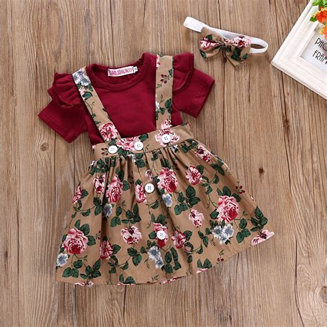 Casual 3 Pcs Set Cute Kids Baby Girls Clothes Floral Dress Set T Shirt