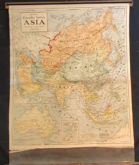 Antique School Pull Down Vintage 1938 Excello Crams Asia Large Wall Map