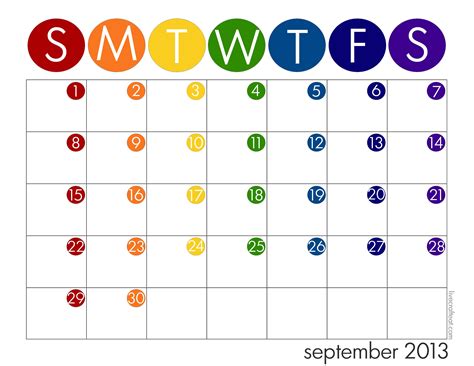A calendar with the words smtwfs on it and numbers in rainbow colors