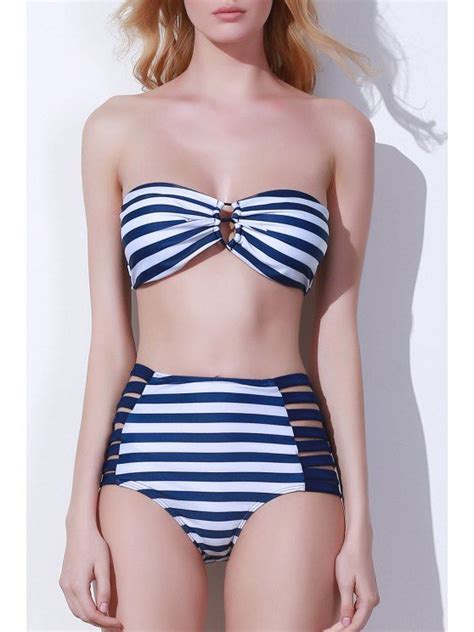 Strapless Striped High Waisted Bikini Set In Blue And White L Zaful