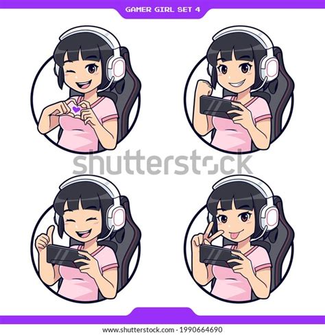 Set Cute Anime Gamer Girl Mascot Stock Vector Royalty Free 1990664690