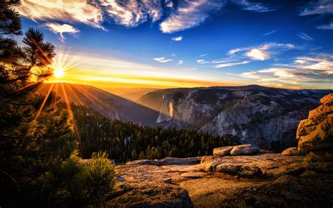 Wallpaper Sunrise Landscape Mountains Forest Pine Trees Sun Rays