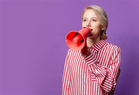 Premium Photo Beautiful Woman In Red Striped Shirt With Megaphone