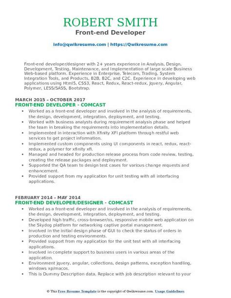 Take a second to congratulate yourself on taking a huge step. Front End Developer Resume Samples | QwikResume