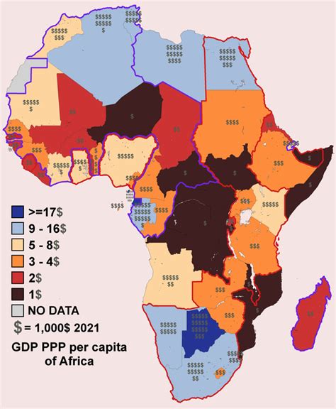gdp ppp per capita map of africa with former french and british colonial borders highlighted