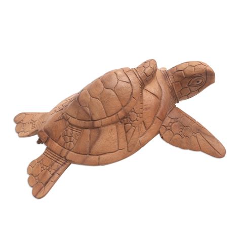 Hand Carved Suar Wood Sea Turtle Sculpture From Bali Dependent Sea