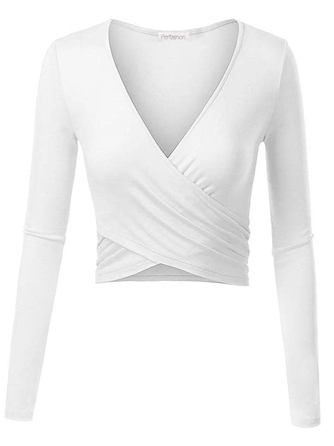 Womens Deep V Neck Longshort Sleeve Front Cross Wrap Slim Fit Crop Tops White Co1889mouyd