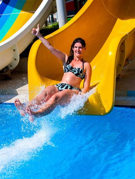 Woman In Bikini Sliding Water Park Stock Photo Image Of Slide Blue