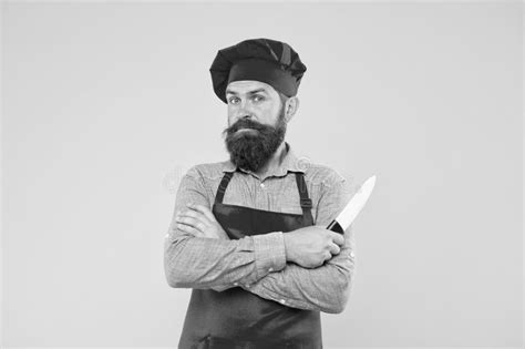 Seriously Good Food Time To Eat Surprised Bearded Chef Hold Knife Brutal Male Cook In Hat And