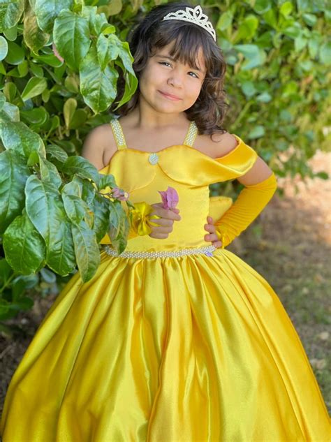 Fantasia Bela Fera Vestido Princesa Amarelo Classico Luxuoso