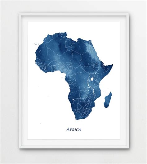 Africa Map Art Print Africa Map Wall Art Blue Watercolor Etsy