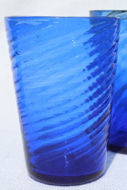 Vintage Hand Blown Mexican Glass Tumblers Cobalt Blue Swirl Drinking Glasses 70s 80s Retro