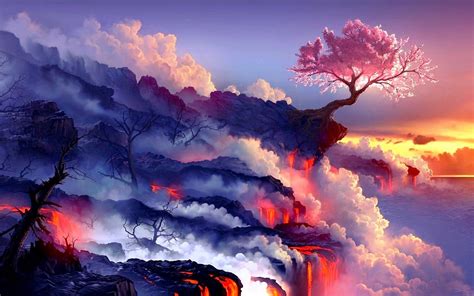 Maybe you would like to learn more about one of these? Wallpaper : trees, fantasy art, sunset, nature, sky, artwork, sunrise, evening, atmosphere, lava ...