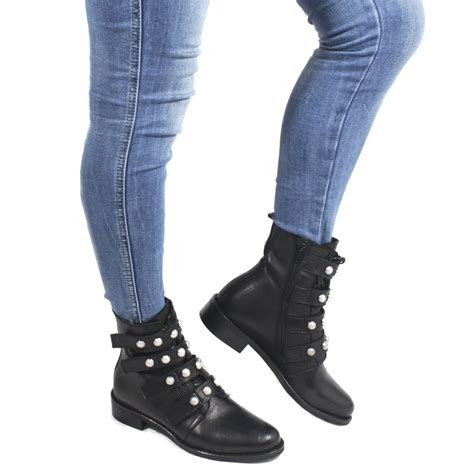 Ankle Boots With Pearls In Black Leather Made In Italy