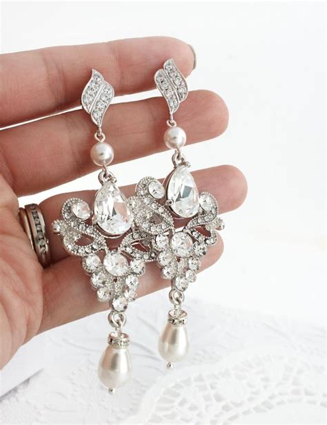 Long Pearl Bridal Chandelier Earrings Pearl And Crystal Image