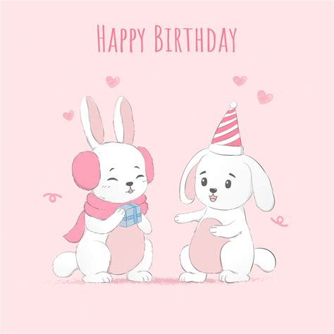 Premium Vector Cute Baby Rabbits Happy Birthday Postcard