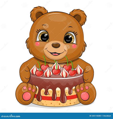 Cute Cartoon Brown Bear With Cherry Cake Stock Vector Illustration