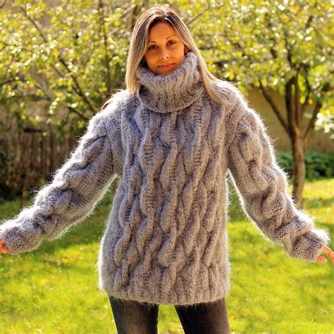 Light Gray Cable Hand Knit Mohair Sweater By Extravagantza Mohair