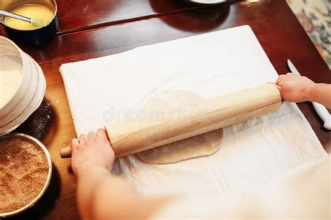 Chef Roll Out The Dough With Rolling Pin Top View Stock Photo Image