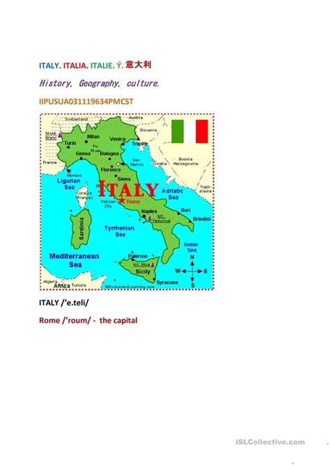 ITALY: GEOGRAPHY, HISTORY, CULTURE - English ESL Worksheets in 2020 | Geography, Italy geography ...