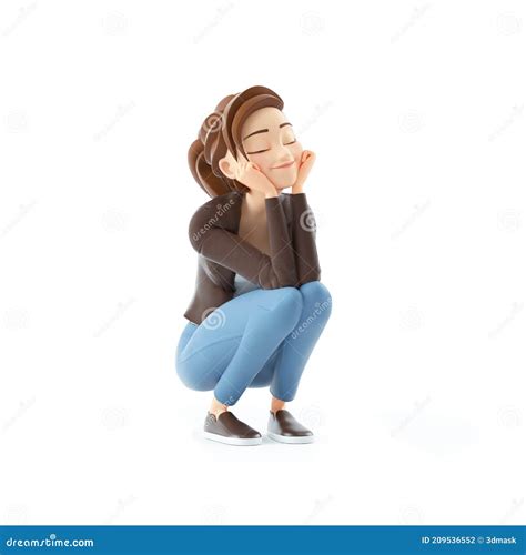 3d Cartoon Woman Crouching And Happy Stock Illustration Illustration