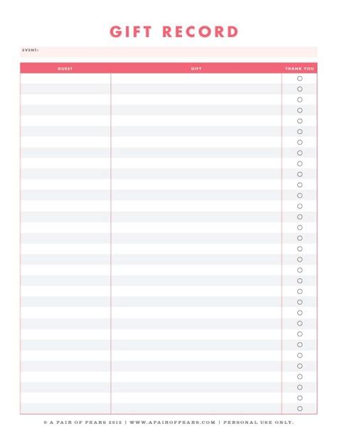 Free printable gift list to keep track of all your christmas gifts and help you stay organized and on budget. A Pair of Pears: For the Taking: Party Planning Printables | Baby shower gift list, Bridal ...