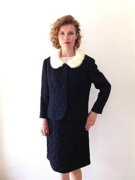 Vintage 1950s Skirt Suit Black Women Tweed White Mink Fur Etsy