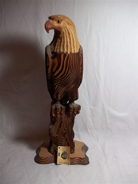 Vintage Kadian Crafts Hand Carved Eagle Sculpture Statue Wooden Canada