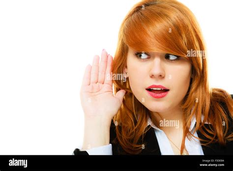 Woman Surprised With Hand To Ear Listening Secret Gossip Or Quiet Sound