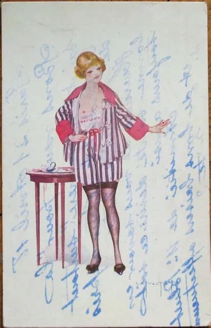 L Peltier Artist Signed Risque French Postcard Topless Nude Woman
