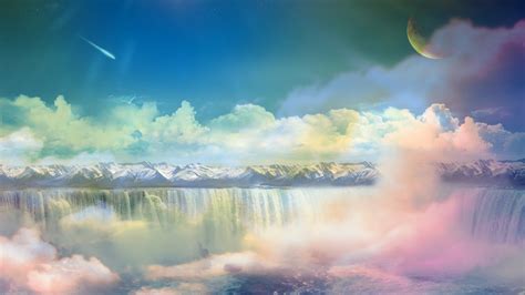 Wallpaper Dream World Waterfalls Mountains Planet Clouds Creative