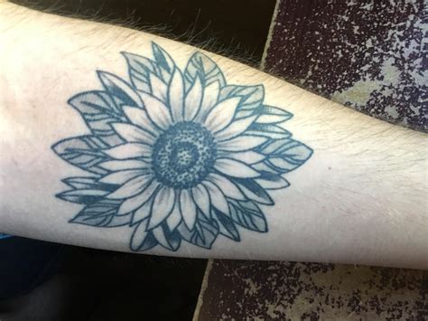 Black And Gray Sunflower Tattoo Upper Forearm By Josh Customs K