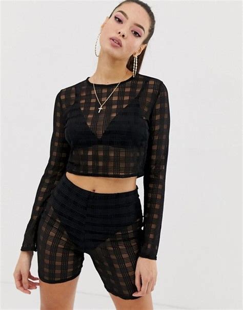missguided check mesh two piece crop top in black missguided bralette bikini tops plunge
