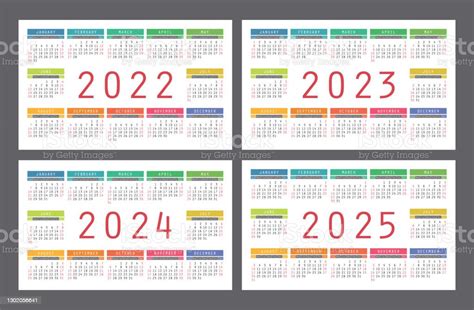 Calendario 2022 2023 2024 E 2025 Anni Set Vettoriale Colorato Inglese