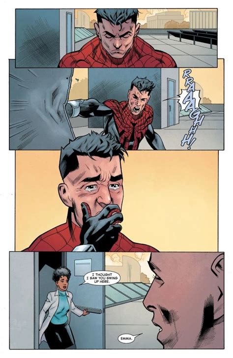 A Comic Page With An Image Of Spider Man Talking To Another Person In The Background