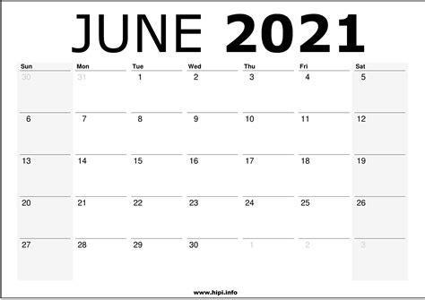 June 2021 Calendar Printable Monthly Calendar Free Download Hipi