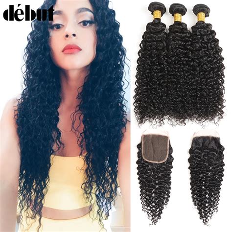 Debut Kinky Curly Bundles With Closure Brazilian Hair Weave 3 Bundles With 4 4 Lace Closure