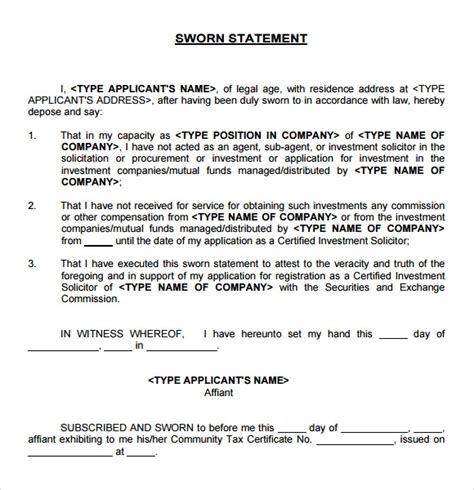 Sworn Statement Template 12 Download Free Documents In Pdf