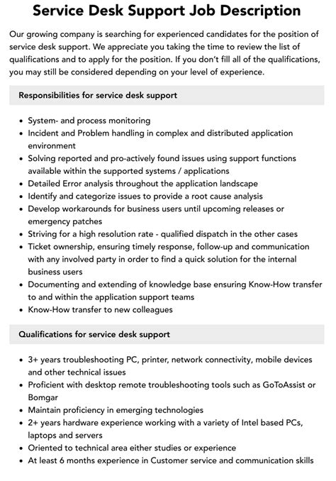 Service Desk Support Job Description Velvet Jobs