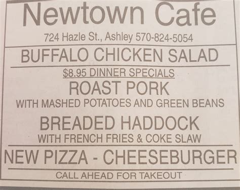 Newtown Cafe Home Ashley Pennsylvania Menu Prices Restaurant
