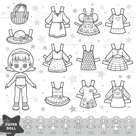 Black And White Cartoon Set Cute Paper Doll And Set Of Summer Clothes